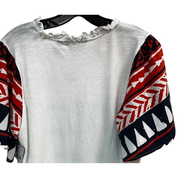 G By Giuliana Womens White Top W/ Aztec Print Sleeves V-Neck Cotton Blend Size L - Picture 4 of 6